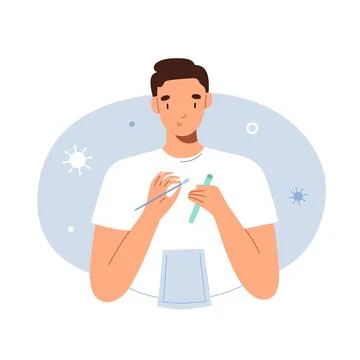 Young man testing himself for covid-19 with nasal swab at home, collecting Stock Illustration