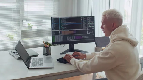 Young Man Testing Scripts on Digital Devices at Office Stock Footage 303557868
