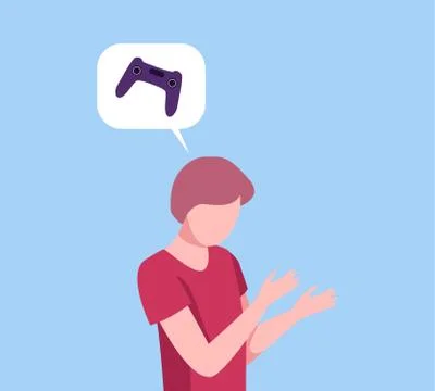 Young Man Thinking about Computer Games, Person Communicating with Speech Bubble 스톡 일러스트