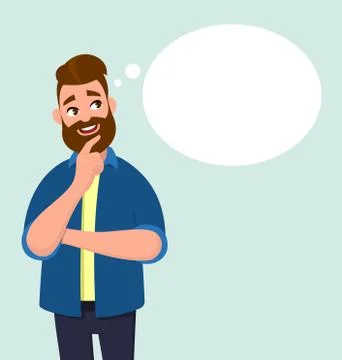 Young man thinking and blank thought/speech bubble. Vector illustration. Stock Illustration