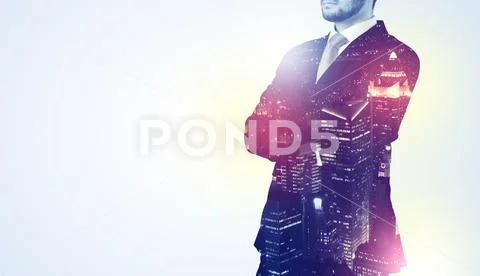 Young man thinking with city wallpaper Stock Photos
