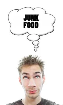 Young man thinks about having junk food Stock Illustration