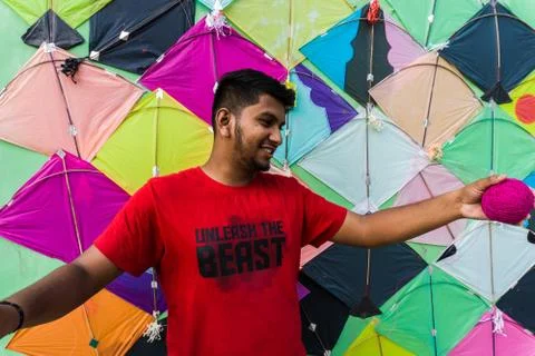 Young Man with Thread ball for makar sankranti Stock Photos