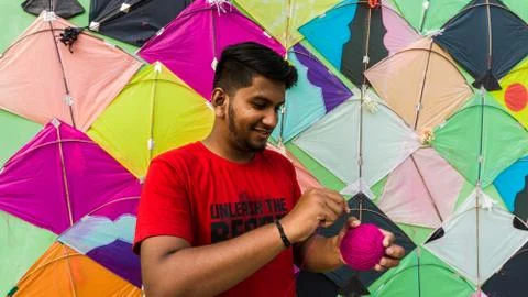 Young Man with Thread ball for makar sankranti Stock Photos