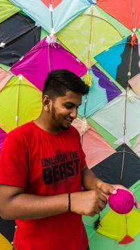 Young Man with Thread ball for makar sankranti Foto stock