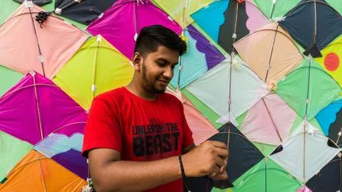 Young Man with Thread ball for makar sankranti Stock Photos
