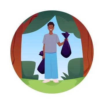 Young man throwing and sorting garbage, cartoon teenager collects trash in the Illustrazione stock