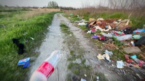 A young man throws a plastic bottle into a garbage dump in nature Stock Footage 239334258