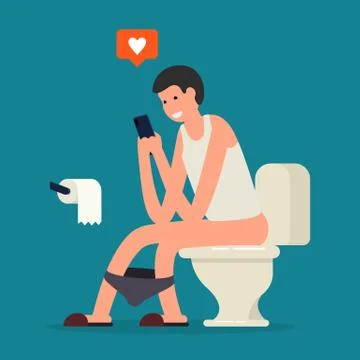 Young man in tie using a smartphone when sitting on toilet bowl. Stock Illustration