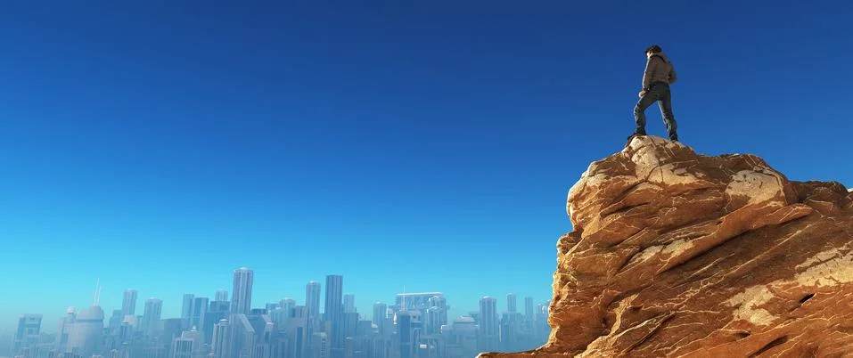 Young man at the top of the stone Illustrazione stock