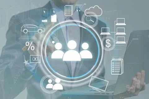 Young man touching future technology social network button Stock Photos