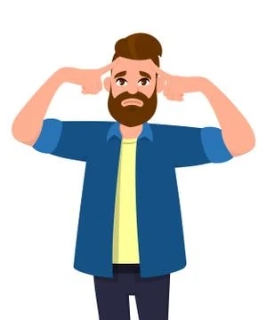 Young man touching his head with fingers in both hands looks tired. Stock Illustration