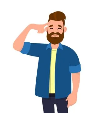 Young man touching his head with fingers in both hands looks tired. Stock Illustration