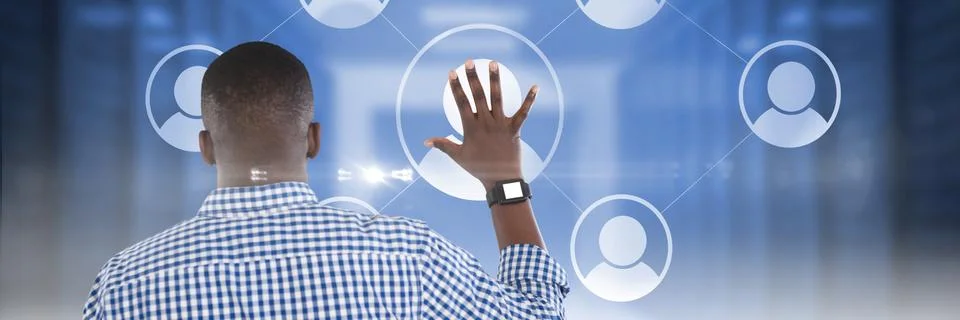 Young man touching user icon interface Foto stock