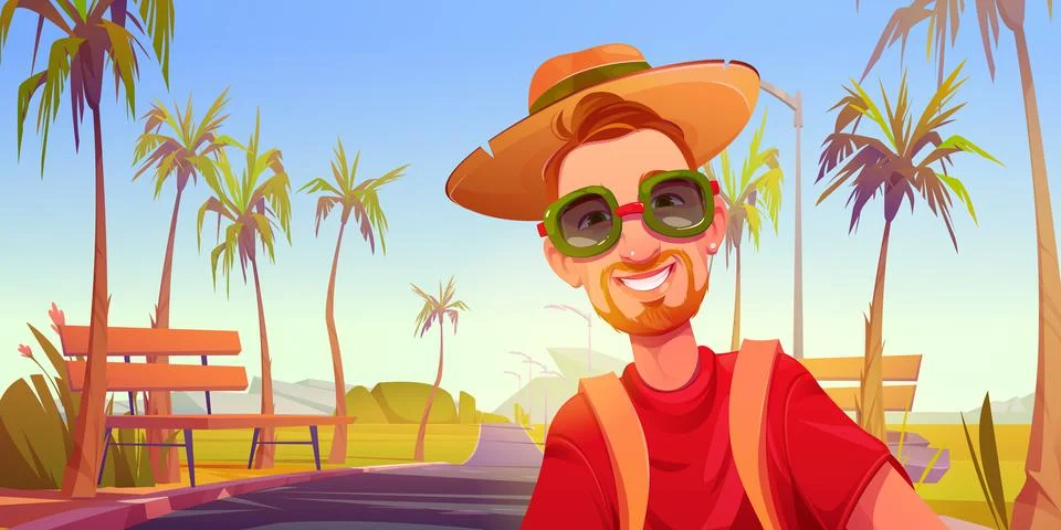 Young man tourist with backpack posing for photo Stock Illustration