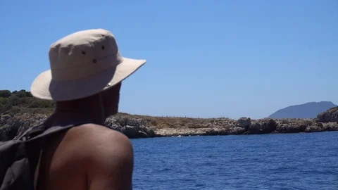 Young Man Tourist Hat Backpack Beach Mediterranean Sea Happiness Travel Vidéo 96661760