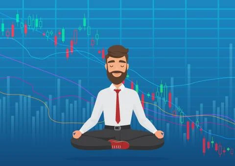 Young man trader meditating under falling crypto or stock market exchange chart Ilustração Stock