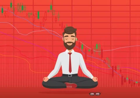 Young man trader meditating under falling crypto or stock market exchange chart Stock Illustration