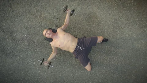 Young Man Training, Aerial Top-Down Shot Stock Footage 160541002