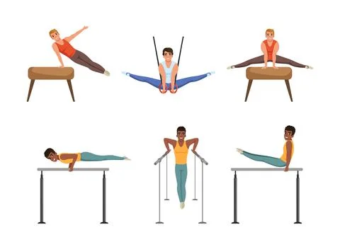 Young Man Training on Different Gymnastics Apparatus Like Horizontal and Stock Illustration