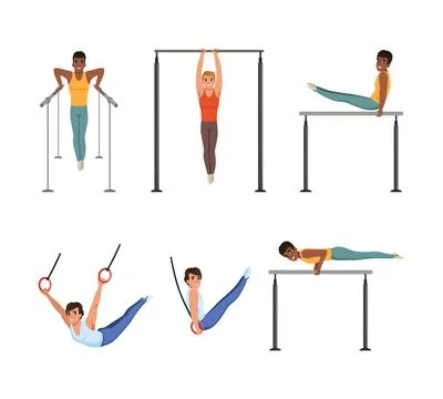 Young Man Training on Different Gymnastics Apparatus Like Horizontal and Stock Illustration