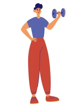 Young man training with Dumbbell. Smiling Man Holding his Hand Up with Dumbbe Stock Illustration