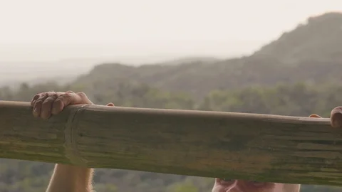 Young man training pulling up exercise on wooden crossbar outdoor. Close up face Stock Footage 107136570