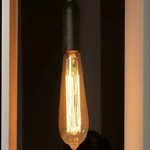 Young man twists Edison bulb in the lamp designer. Vintage lamp with long Stock Footage 69439847