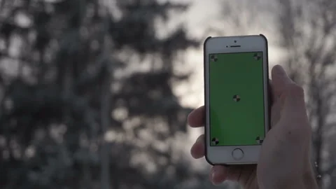 Young man types and slides on his smartphone in the winter park. Greenscreen Stock Footage 85592503
