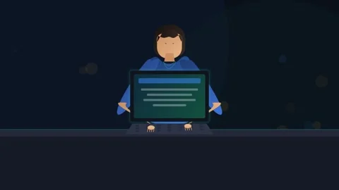 A young man types on a laptop keyboard, a virtual shopping cart icon glowing Vídeos de archivo 342585205