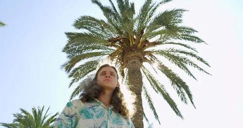 Young Man under Spanish Palm Tree in Palma. Long Hair Tourist in Floral Shirt Stock Footage 94430878