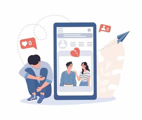 Young man upset about breaking up with girl recalls shared photos on social Stock Illustration