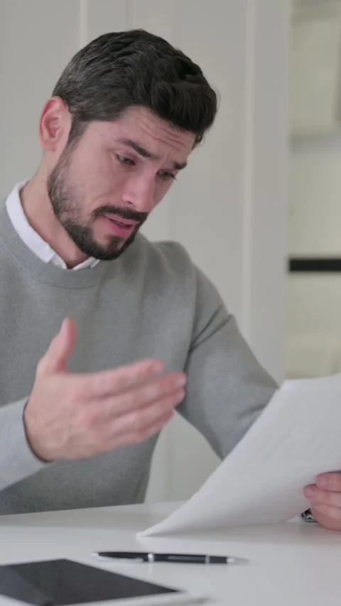 Young Man Upset while Reading Documents in Office, Vertical Video Stock-Footage 339582440