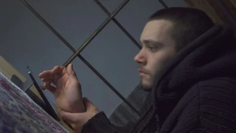 Young Man Use Tablet in Modern Apartment Stock Footage 72162120