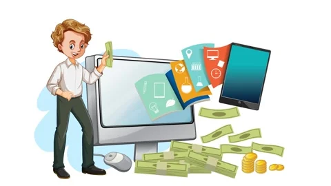 Young man uses computer earning money education technology business growth .. Stock Footage 333488652