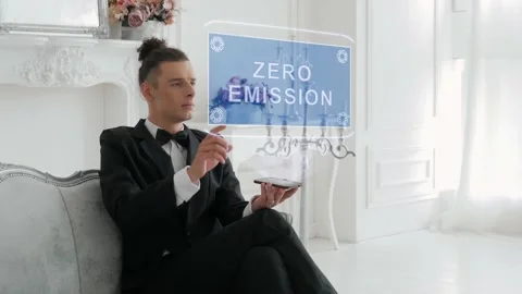 Young man uses hologram Zero Emission Stockbeeldmateriaal 147919083
