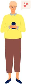 Young man uses smartphone. Guy is holding gadget. Pastime in social networks Stock Illustration
