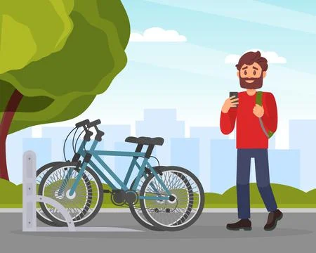 Young man using bicycle for personal urban city transportation. Eco friendly Stock Illustration