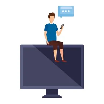 Young man using cellphone seated in computer with speech bubble Stock Illustration
