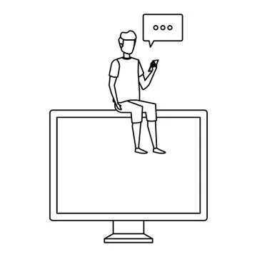 Young man using cellphone seated in computer with speech bubble Stock Illustration