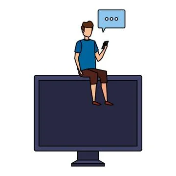 Young man using cellphone seated in computer with speech bubble Stock Illustration