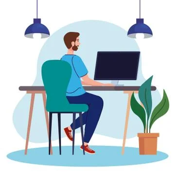 Young man using computer in desk, working online Stock Illustration