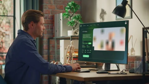 Young Man Using Desktop Computer with AI Video Generation Software Stock Footage 296176490