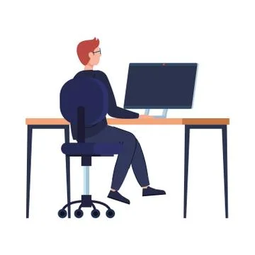 Young man using desktop computer, sitting in chair with desk Stock Illustration
