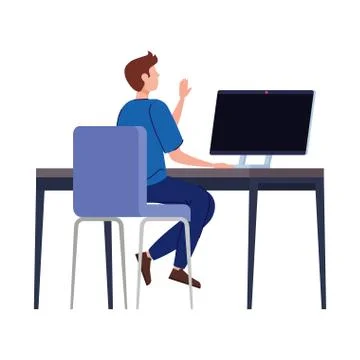 Young man using desktop computer, sitting in chair with desk Stockillustratie