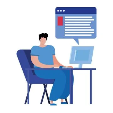 Young man using desktop connecting technology character Stock Illustration