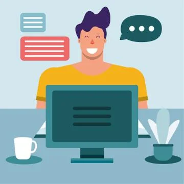 Young man using desktop connecting technology character Stockillustratie