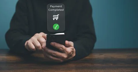 Young man using Electronic payment on mobile phone, Customer holding smartpho Stock Photos