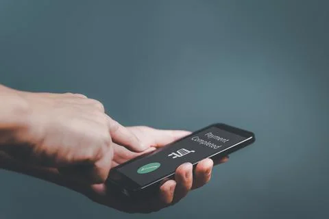 Young man using Electronic payment on mobile phone, Customer holding smartpho Stock Photos