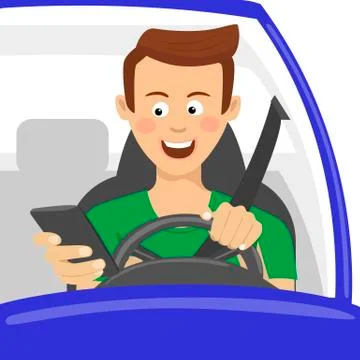 Young man using his smartphone behind the wheel. Stock Illustration